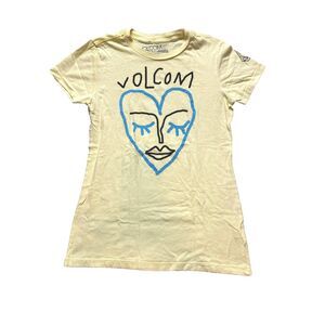 VOLCOM Shirt Youth Medium Yellow Face Heart‎ Artwork Artsy Streetwear Girls
